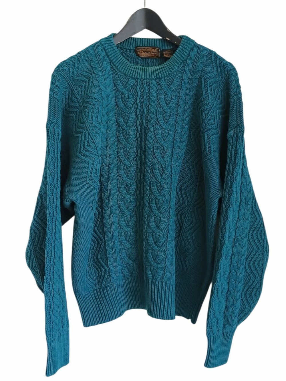 VTG 90s Eddie Bauer Green Cable Knit Crewneck Sweater 100% Cotton XL